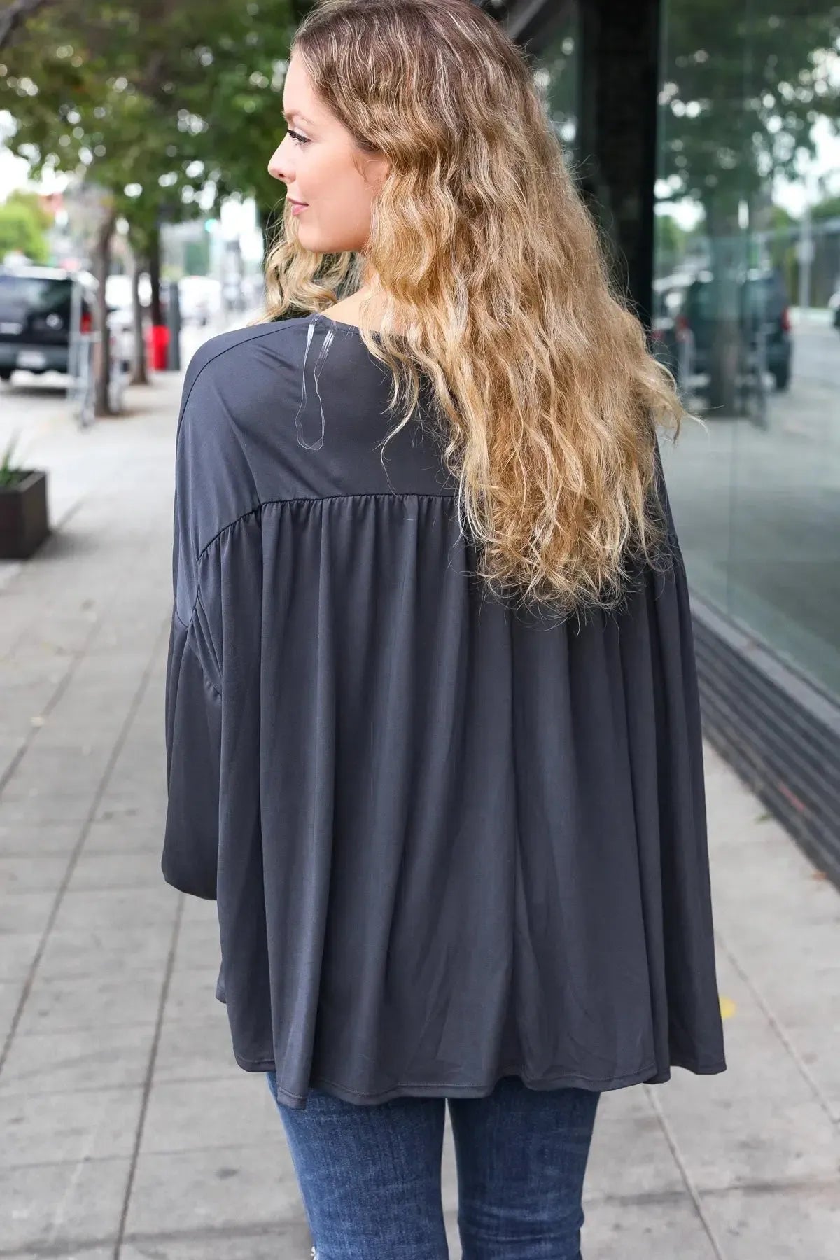 Effortless Elegance: Casual Chic Charcoal V Neck Modal Knit Top-Evelyns Fashion