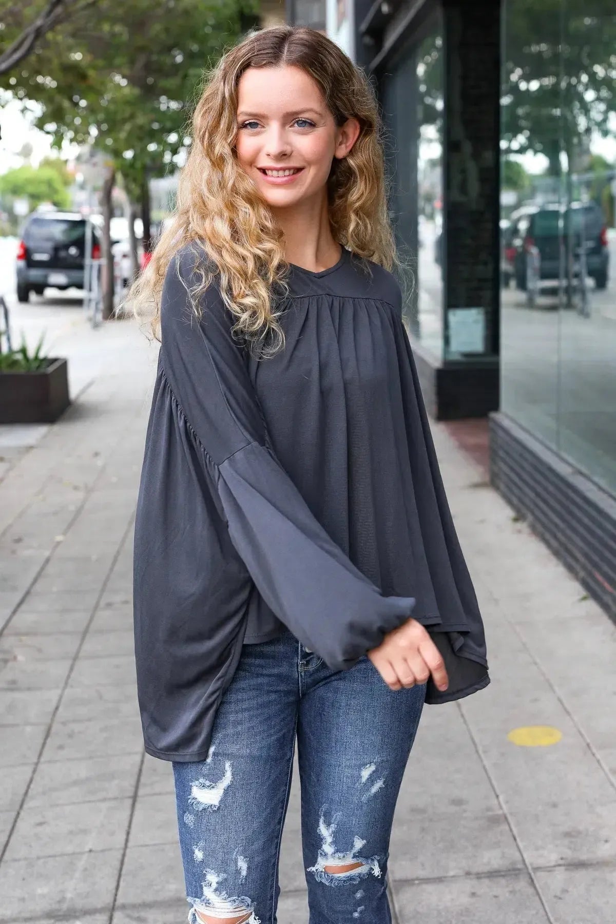Effortless Elegance: Casual Chic Charcoal V Neck Modal Knit Top-Evelyns Fashion