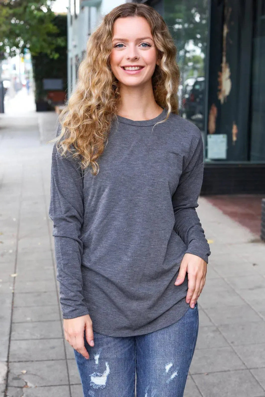 Effortless Style: Fitted Long Sleeve Terry Pullover-Evelyns Fashion