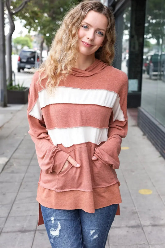 Effortless Style: French Terry Hoodie in Rust & Stripe Design-Evelyns Fashion