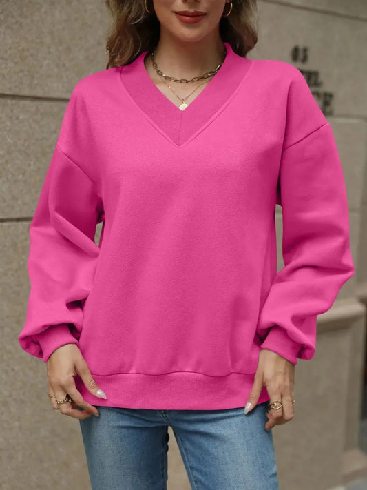 Effortless Style: V-Neck Long Sleeve Dropped Shoulder Sweatshirt-Evelyns Fashion