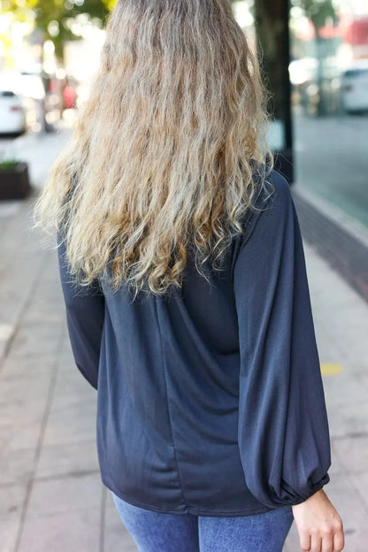 Effortless Style: Versatile Charcoal Front Tie Peasant Top-Evelyns Fashion
