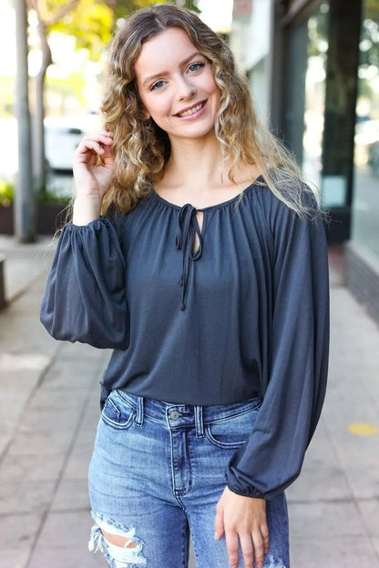 Effortless Style: Versatile Charcoal Front Tie Peasant Top-Evelyns Fashion
