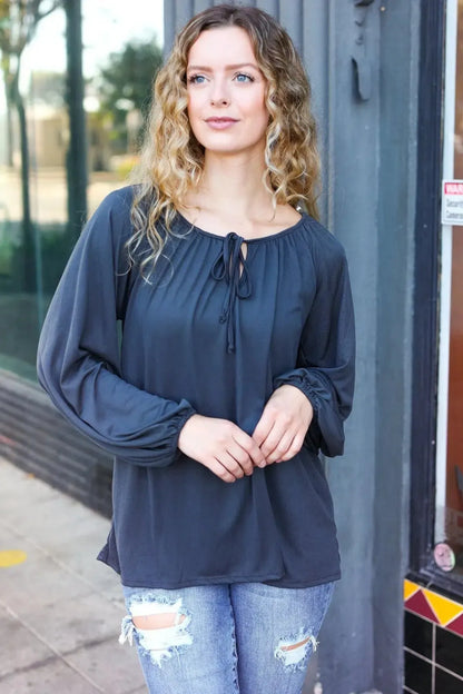 Effortless Style: Versatile Charcoal Front Tie Peasant Top-Evelyns Fashion