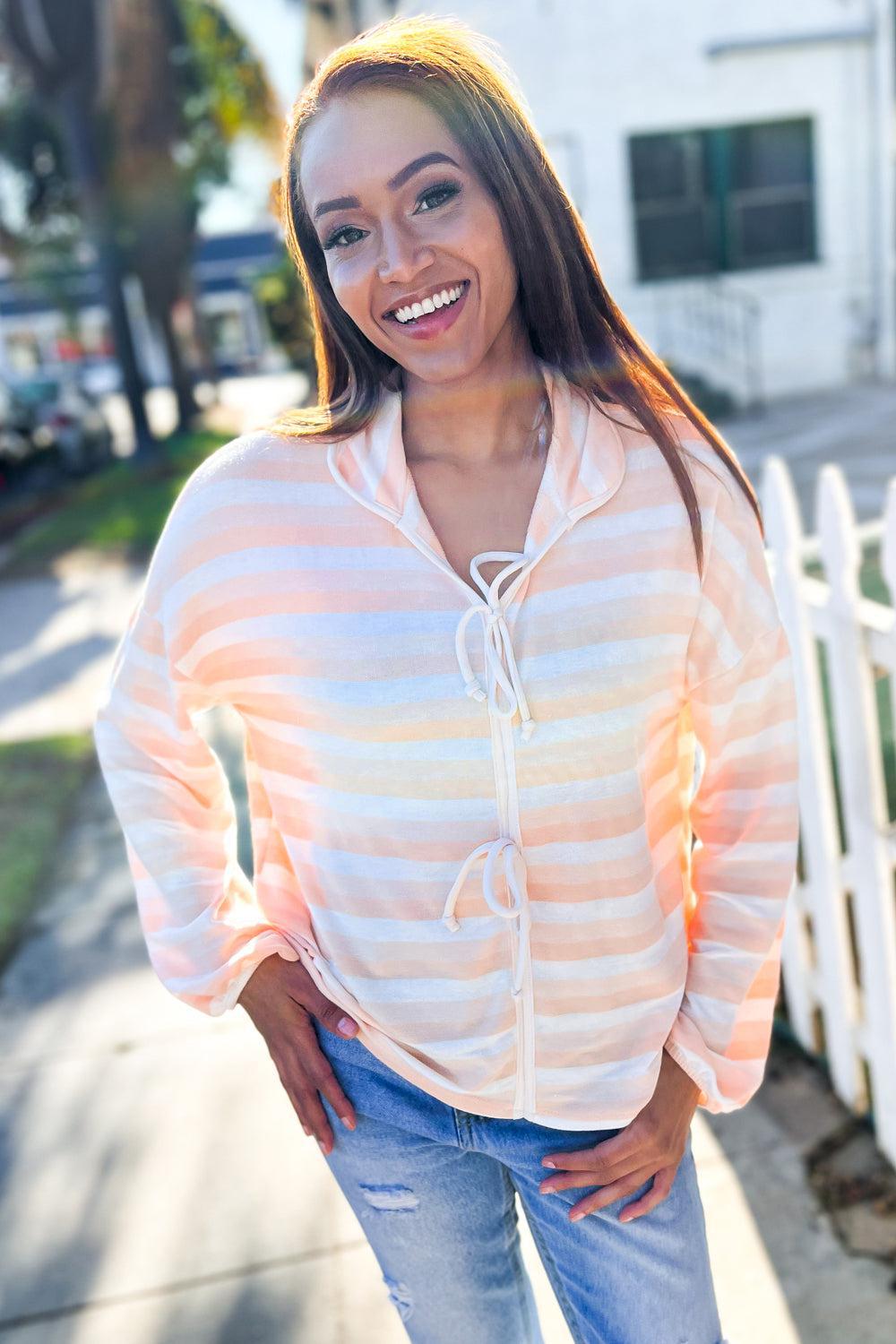 Embrace Joy Beige & Ivory Collar Stripe Bow Tie Terry Top-Evelyns Fashion