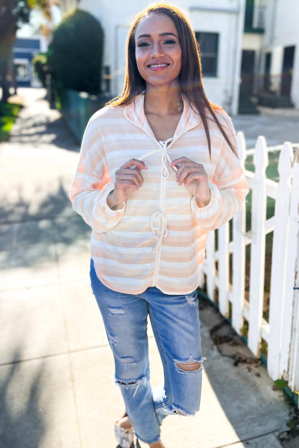 Embrace Joy Beige & Ivory Collar Stripe Bow Tie Terry Top-Evelyns Fashion