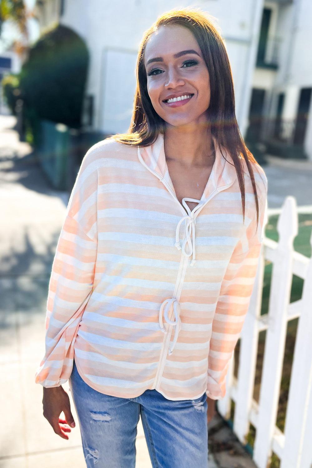 Embrace Joy Beige & Ivory Collar Stripe Bow Tie Terry Top-Evelyns Fashion