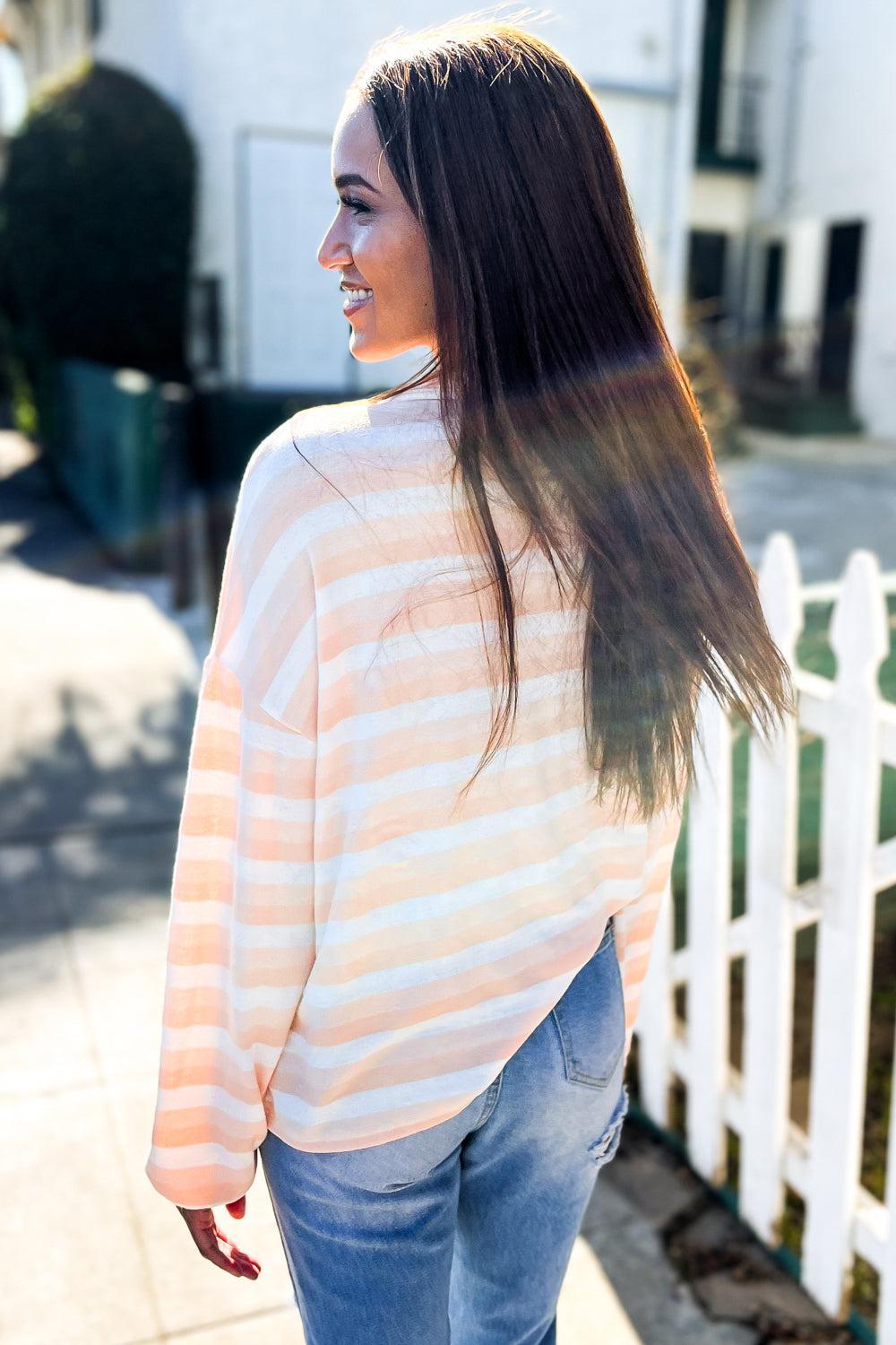 Embrace Joy Beige & Ivory Collar Stripe Bow Tie Terry Top-Evelyns Fashion