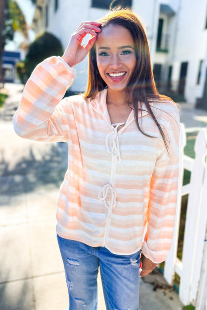 Embrace Joy Beige & Ivory Collar Stripe Bow Tie Terry Top-Evelyns Fashion
