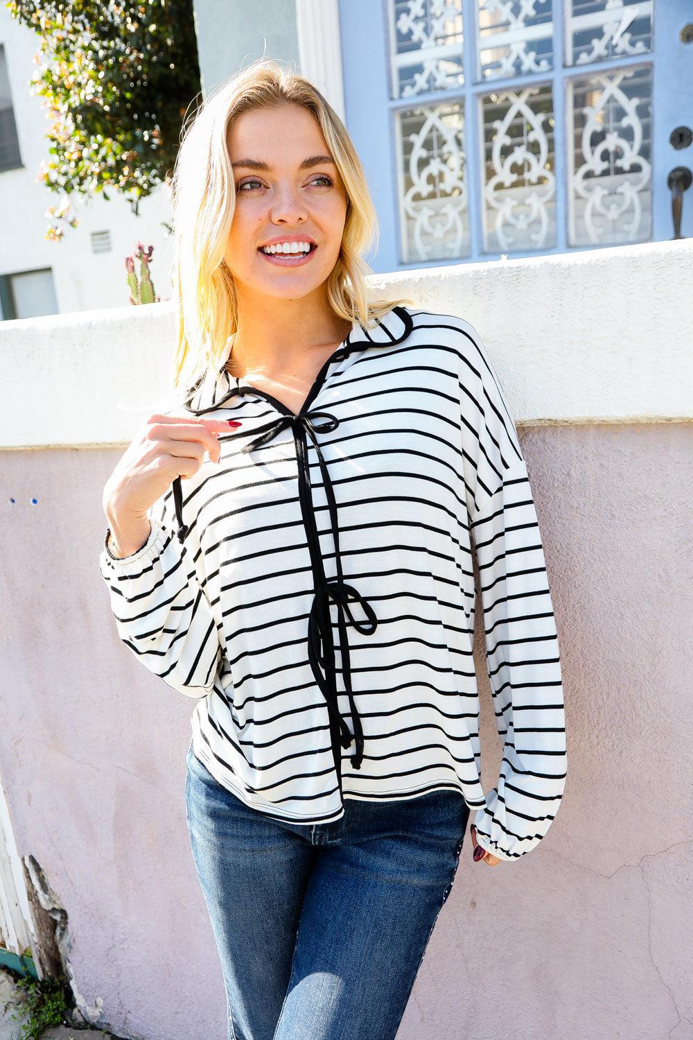 Embrace Joy Black & White Collared Stripe Ribbon Bow Tie Top-Evelyns Fashion