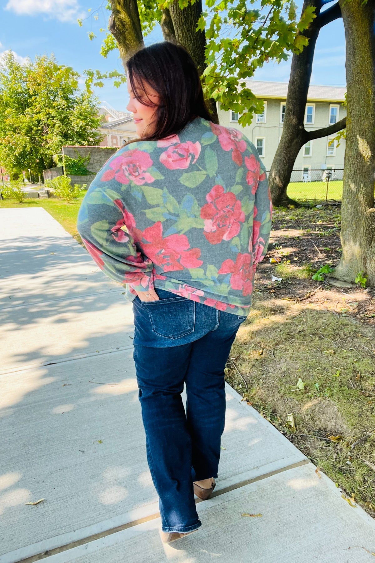 Everyday Hunter Green Floral Brushed Hacci Sweater Top-Evelyns Fashion