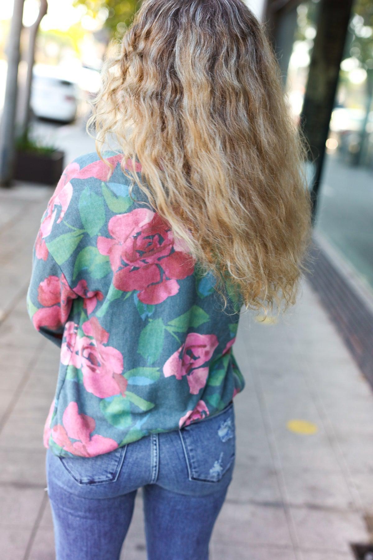 Everyday Hunter Green Floral Brushed Hacci Sweater Top-Evelyns Fashion