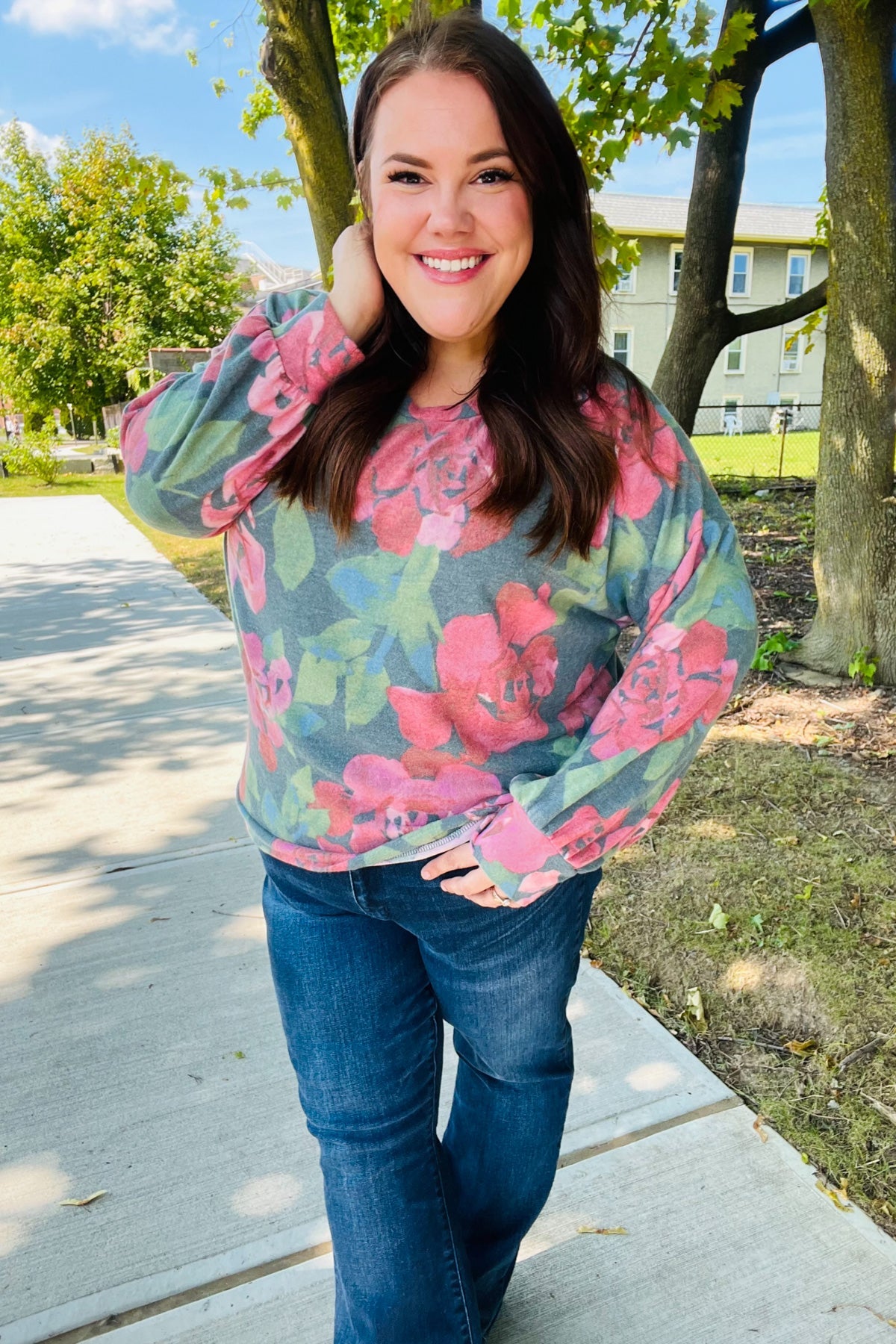 Everyday Hunter Green Floral Brushed Hacci Sweater Top-Evelyns Fashion