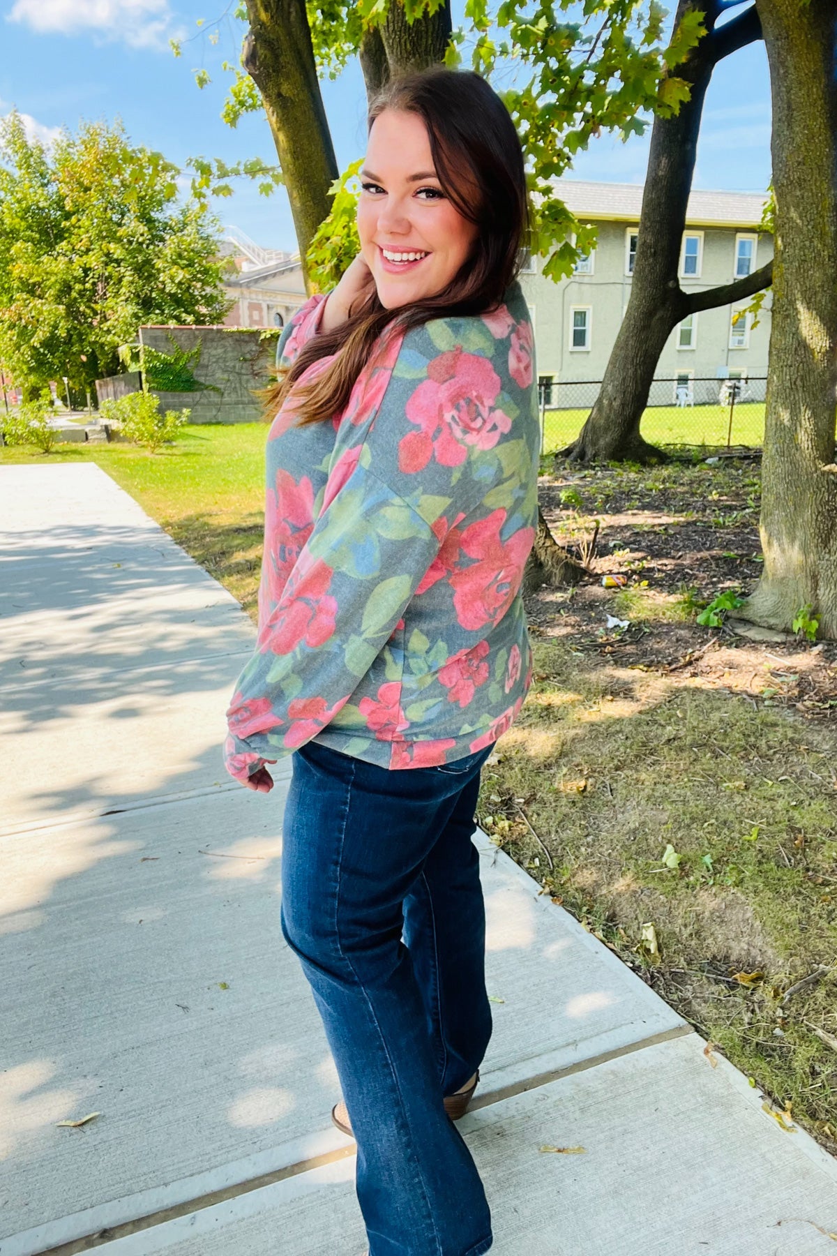 Everyday Hunter Green Floral Brushed Hacci Sweater Top-Evelyns Fashion