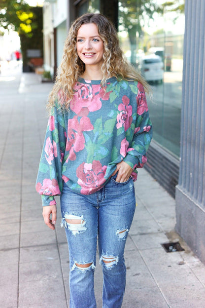 Everyday Hunter Green Floral Brushed Hacci Sweater Top-Evelyns Fashion