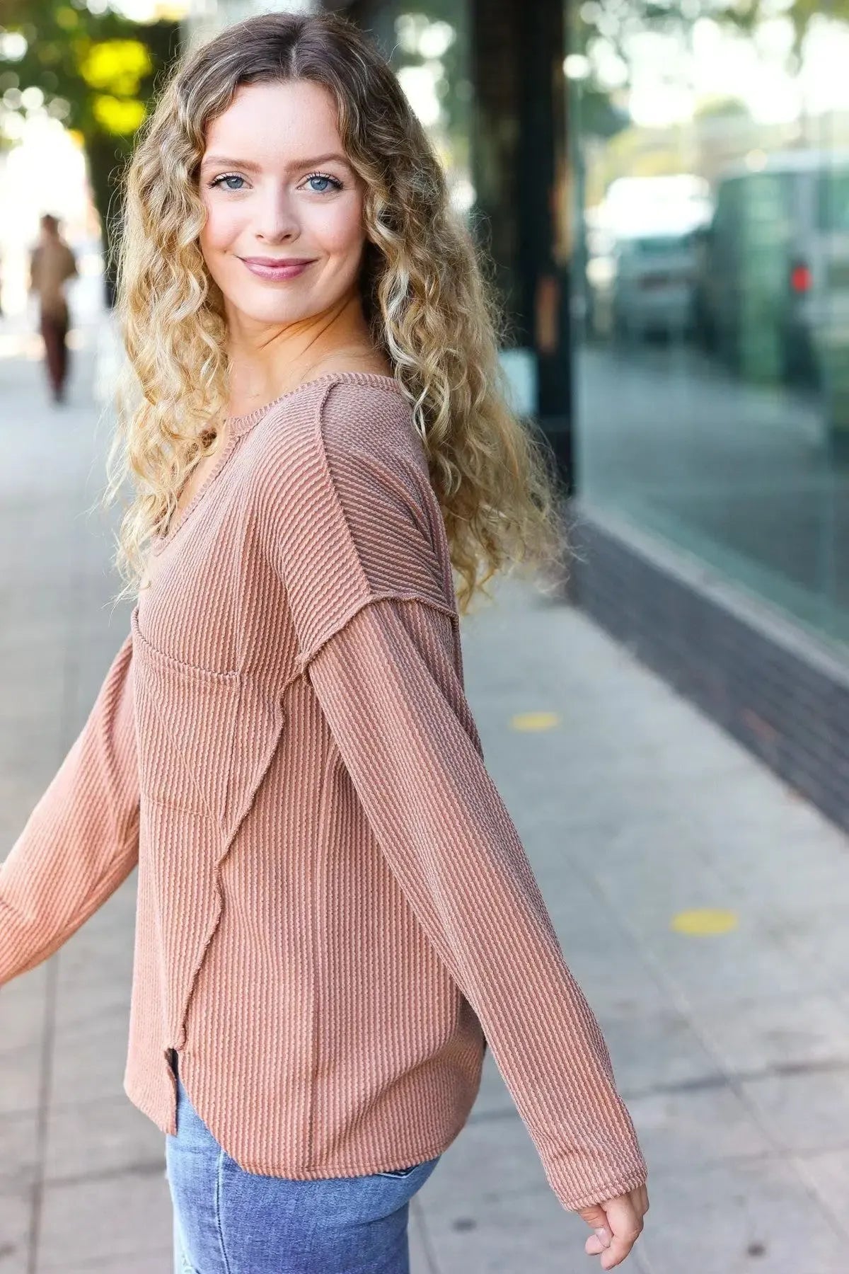 Eyes On You Camel Mineral Wash Rib Notch Neck Pocketed Top-Evelyns Fashion