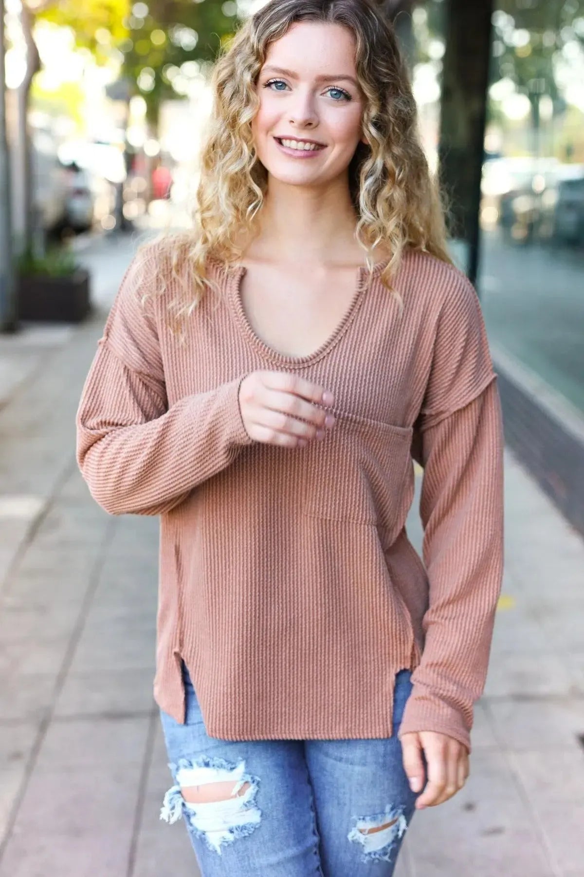 Eyes On You Camel Mineral Wash Rib Notch Neck Pocketed Top-Evelyns Fashion