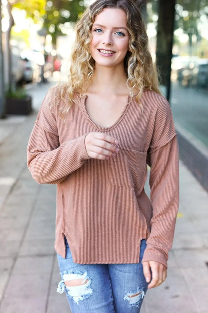 Eyes On You Camel Mineral Wash Rib Notch Neck Pocketed Top-Evelyns Fashion