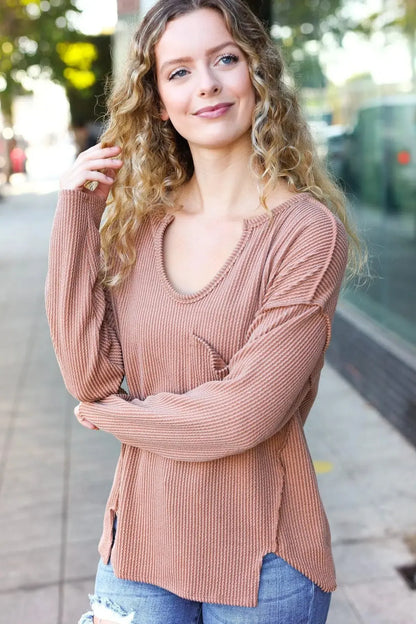 Eyes On You Camel Mineral Wash Rib Notch Neck Pocketed Top-Evelyns Fashion