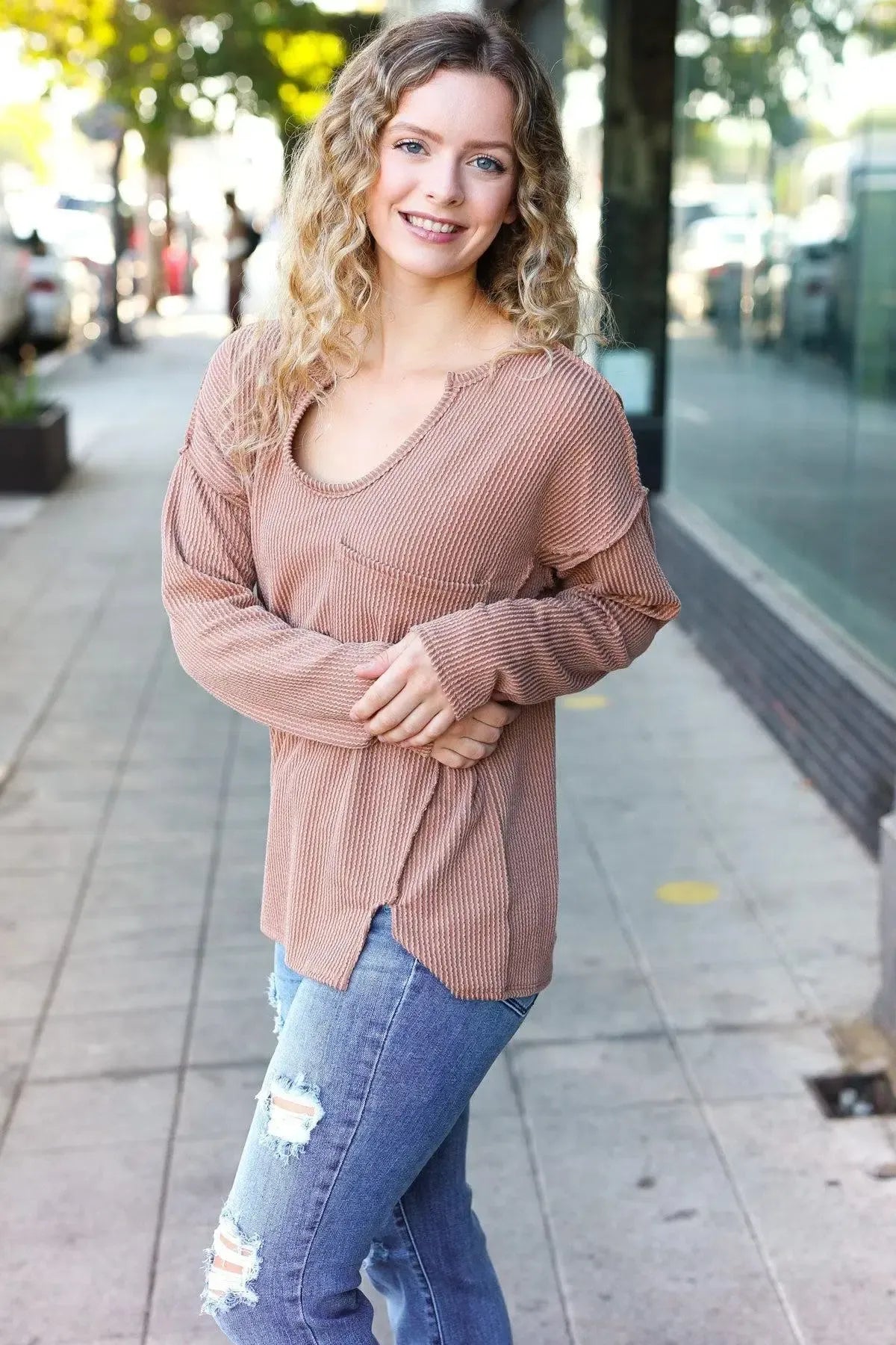 Eyes On You Camel Mineral Wash Rib Notch Neck Pocketed Top-Evelyns Fashion