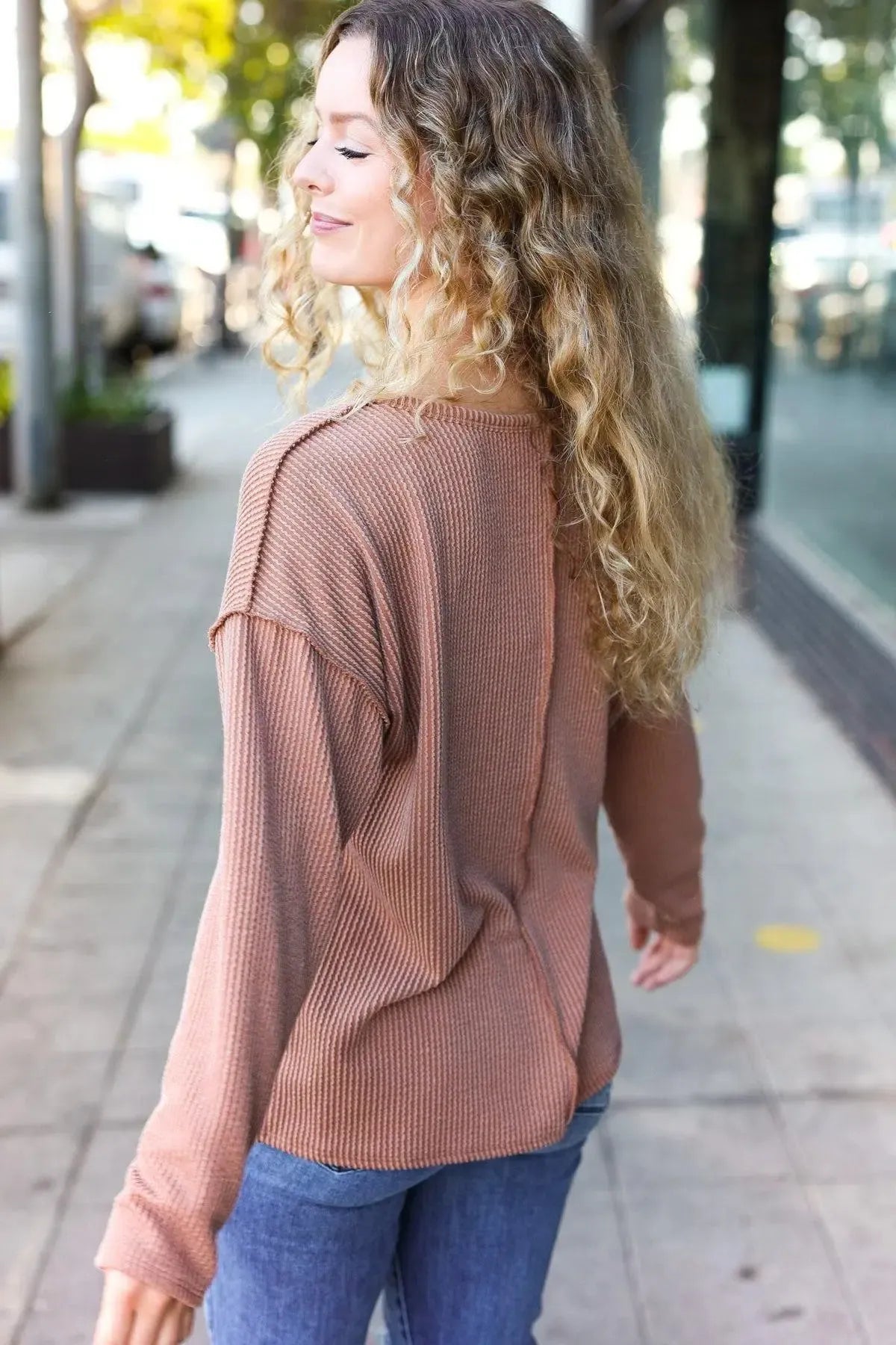 Eyes On You Camel Mineral Wash Rib Notch Neck Pocketed Top-Evelyns Fashion