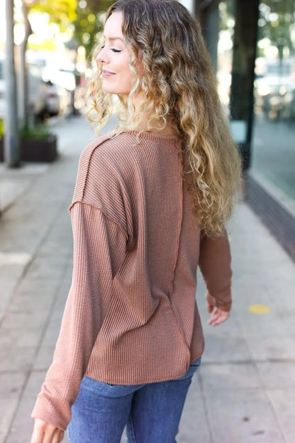 Eyes On You Camel Mineral Wash Rib Notch Neck Pocketed Top-Evelyns Fashion