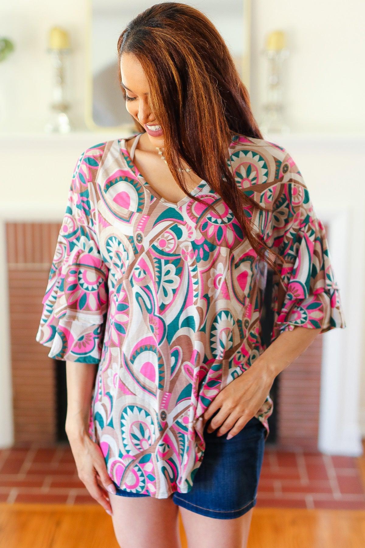 Eyes On You Teal Paisley Double Ruffle Sleeve Top-Evelyns Fashion