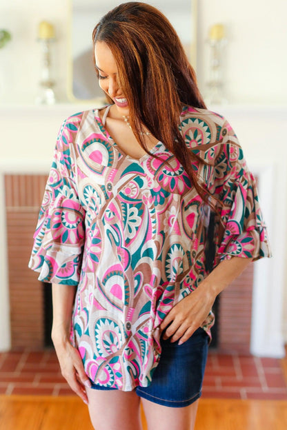 Eyes On You Teal Paisley Double Ruffle Sleeve Top-Evelyns Fashion