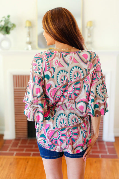 Eyes On You Teal Paisley Double Ruffle Sleeve Top-Evelyns Fashion
