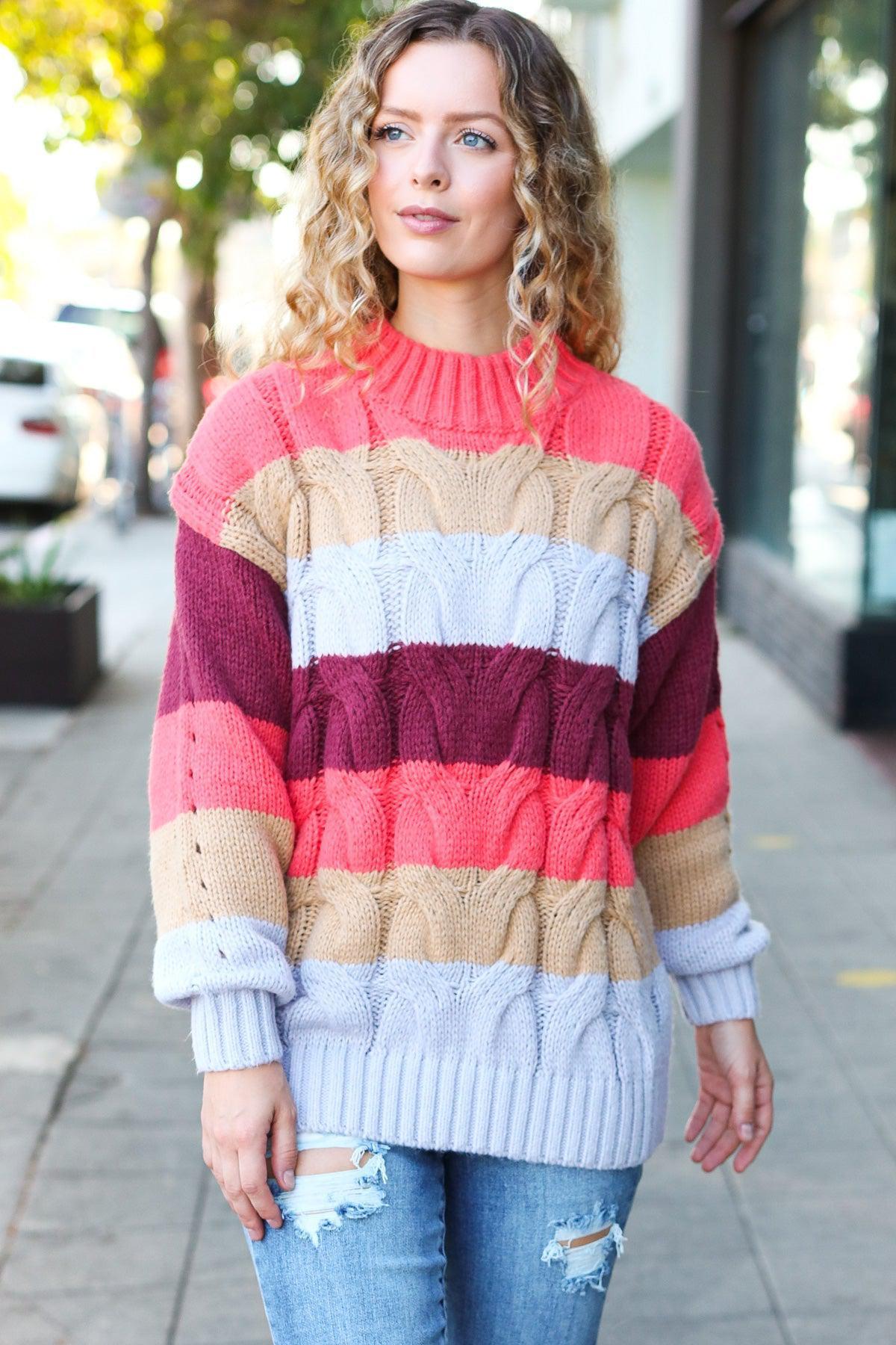 Fall For You Rust Multicolor Stripe Cable Knit Mock Neck Sweater-Evelyns Fashion