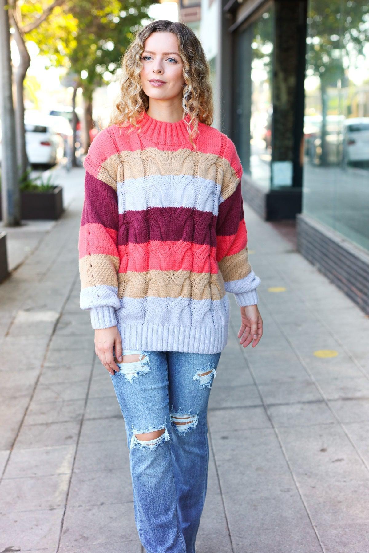 Fall For You Rust Multicolor Stripe Cable Knit Mock Neck Sweater-Evelyns Fashion