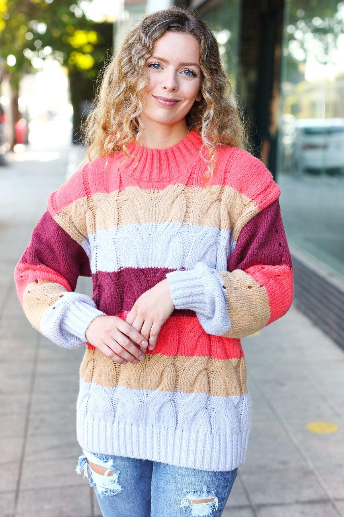 Fall For You Rust Multicolor Stripe Cable Knit Mock Neck Sweater-Evelyns Fashion