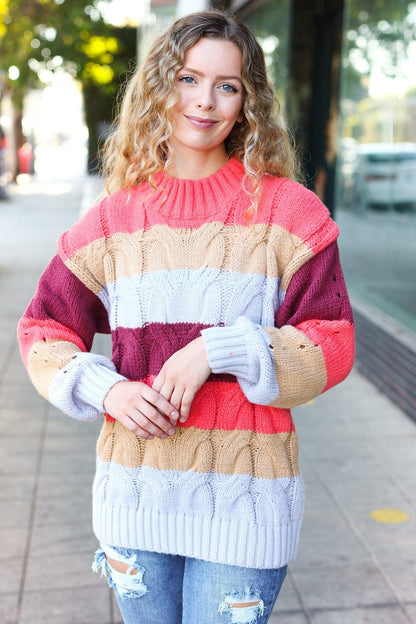 Fall For You Rust Multicolor Stripe Cable Knit Mock Neck Sweater-Evelyns Fashion