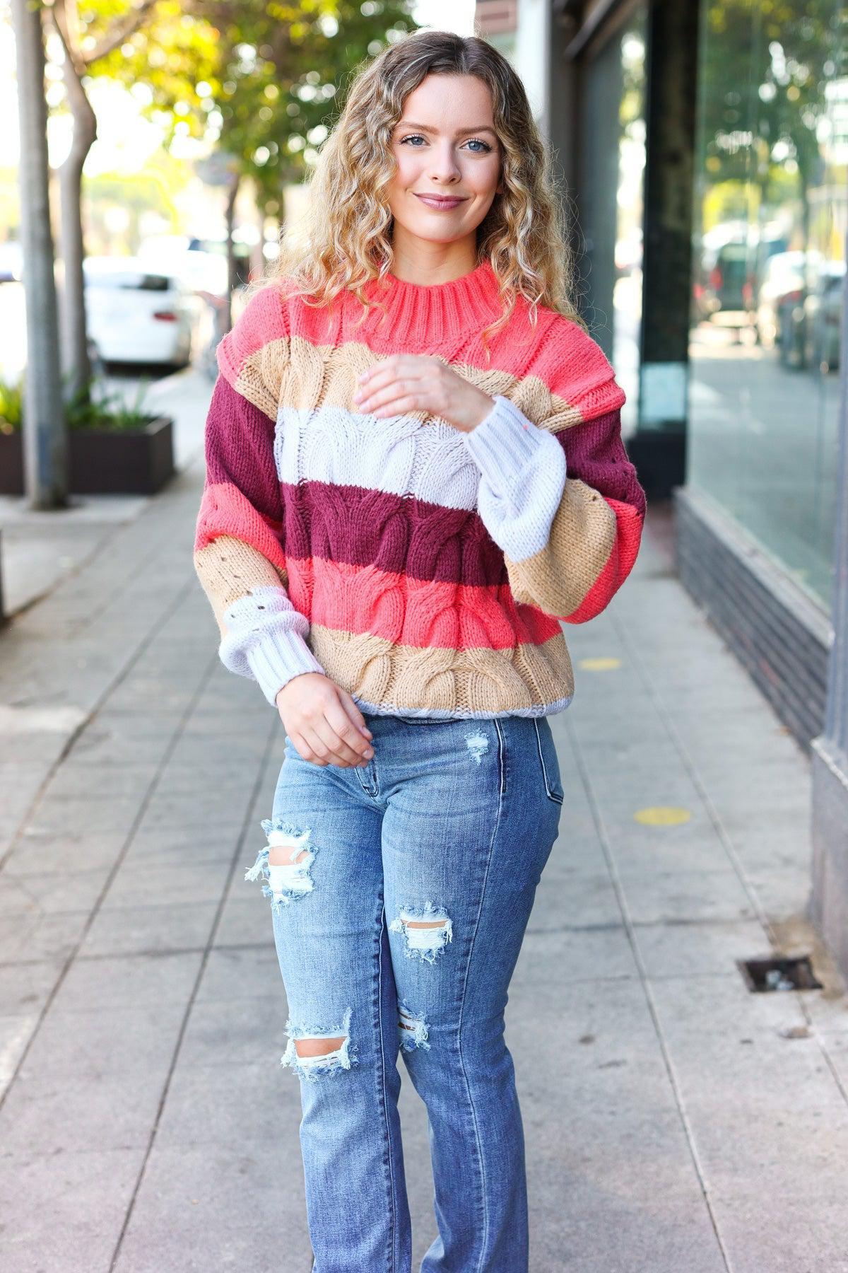 Fall For You Rust Multicolor Stripe Cable Knit Mock Neck Sweater-Evelyns Fashion