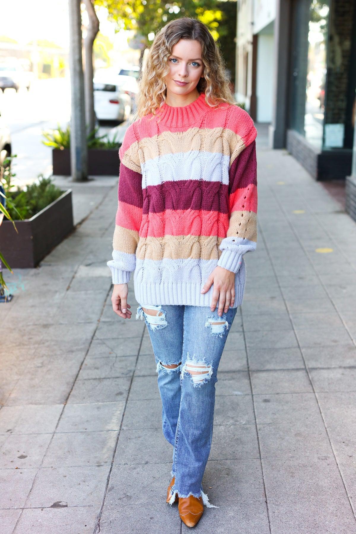 Fall For You Rust Multicolor Stripe Cable Knit Mock Neck Sweater-Evelyns Fashion