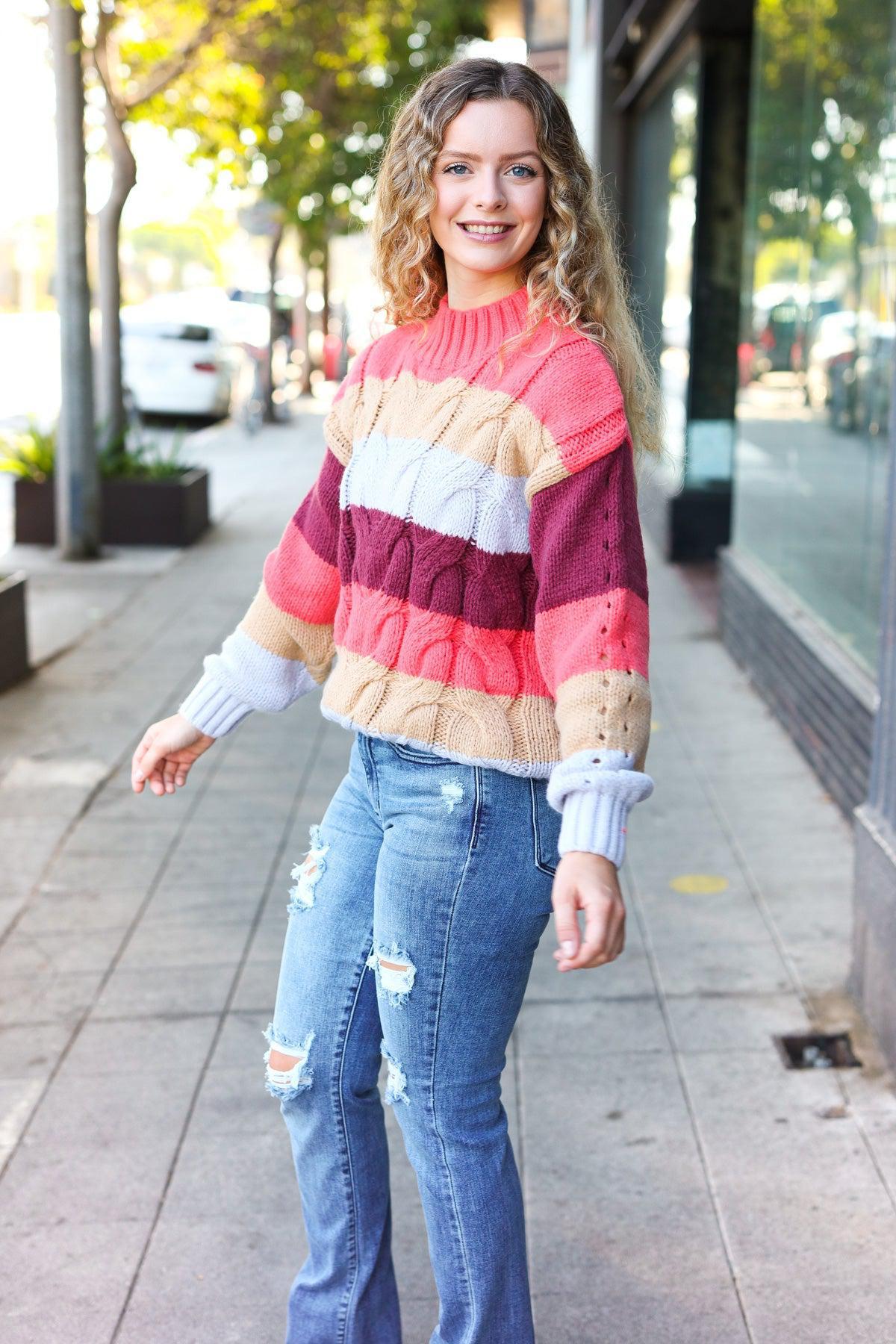 Fall For You Rust Multicolor Stripe Cable Knit Mock Neck Sweater-Evelyns Fashion
