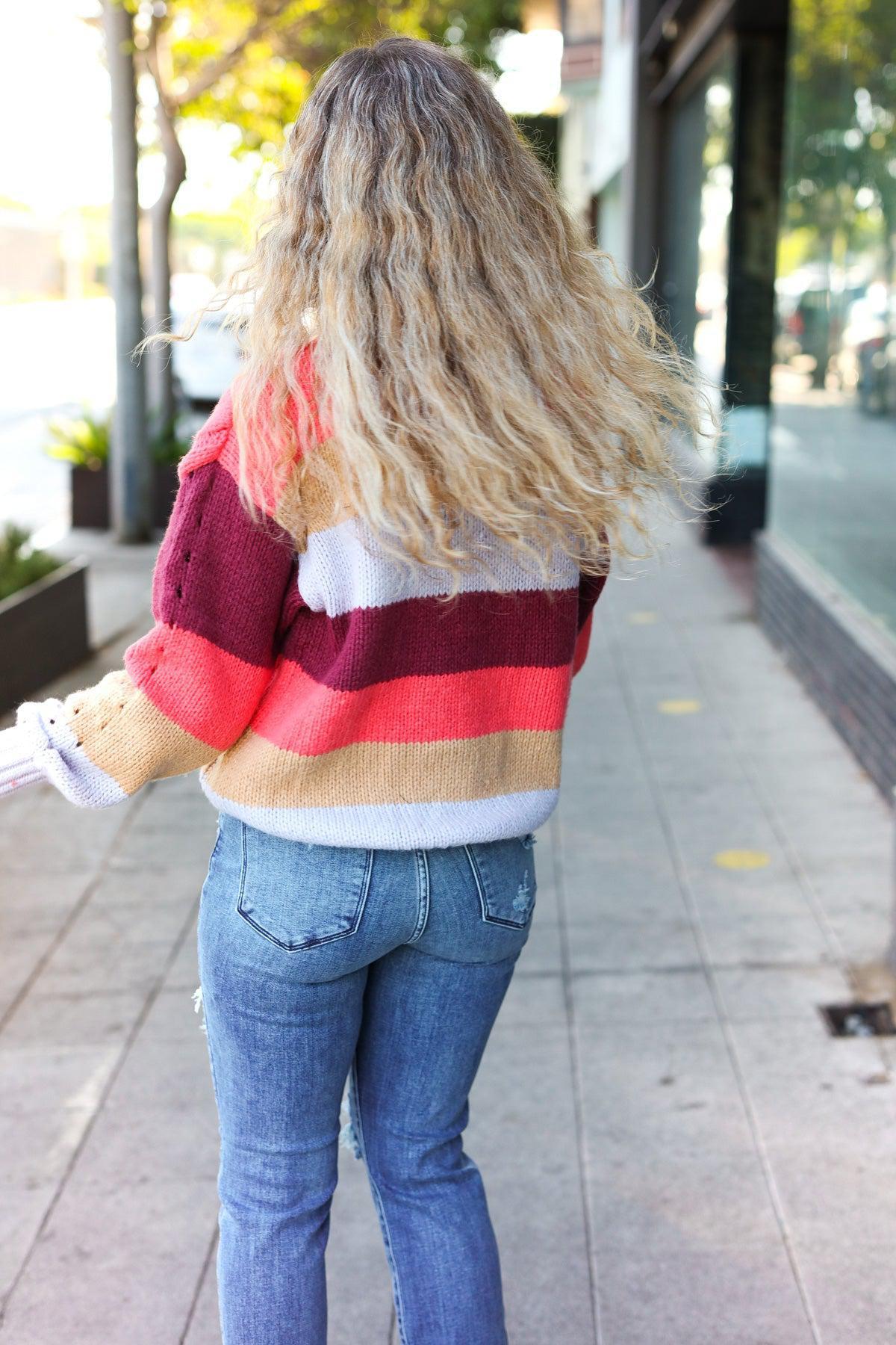 Fall For You Rust Multicolor Stripe Cable Knit Mock Neck Sweater-Evelyns Fashion