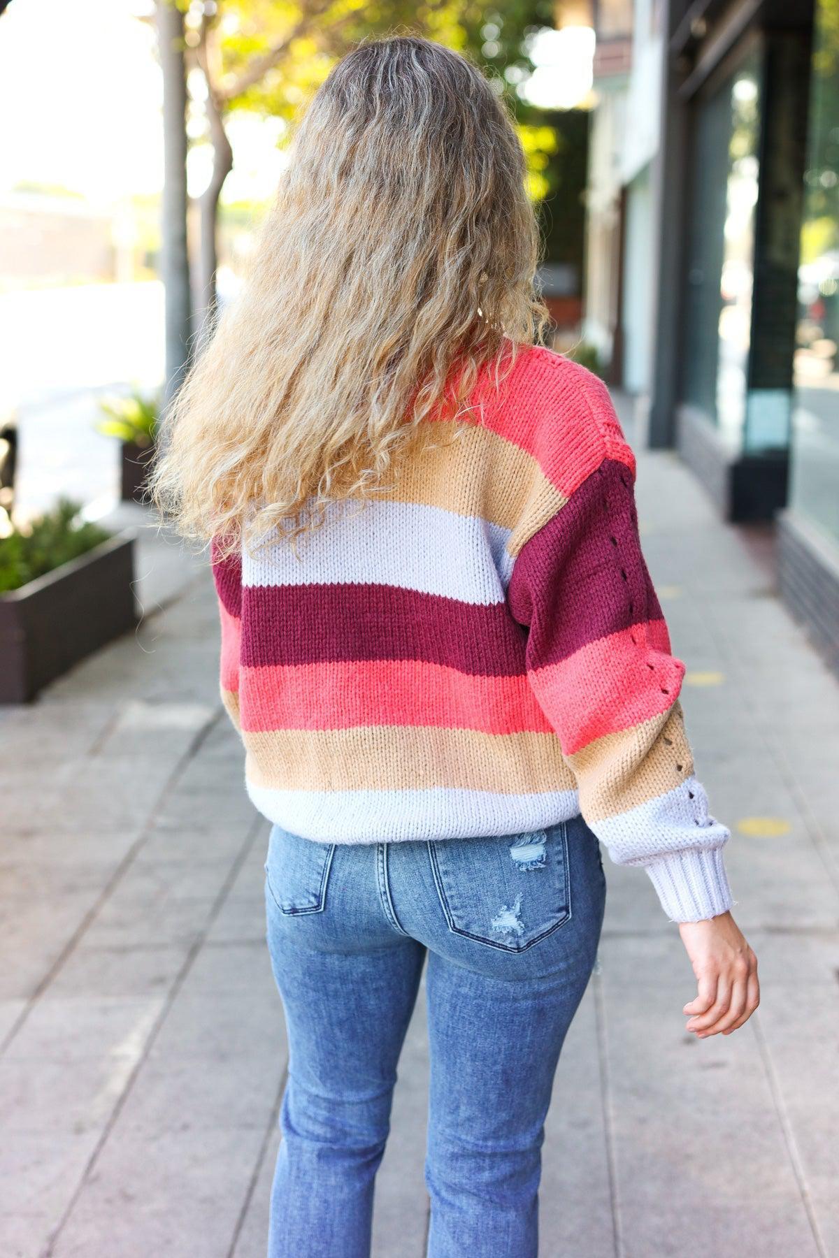Fall For You Rust Multicolor Stripe Cable Knit Mock Neck Sweater-Evelyns Fashion