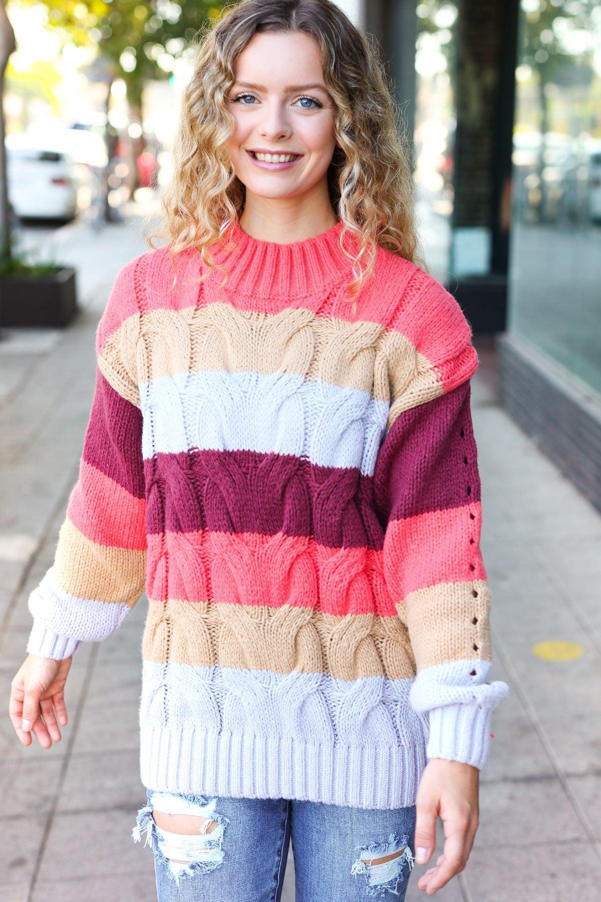 Fall For You Rust Multicolor Stripe Cable Knit Mock Neck Sweater-Evelyns Fashion