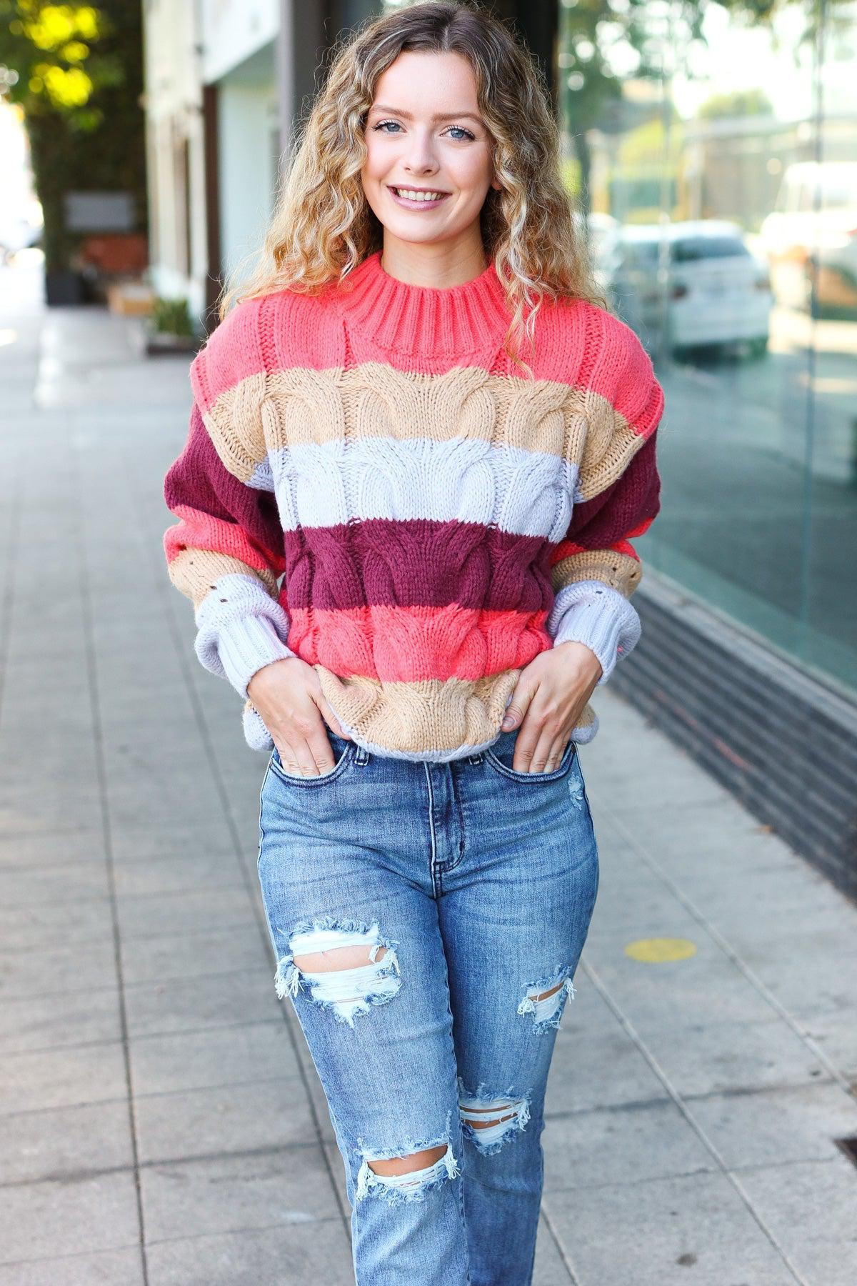 Fall For You Rust Multicolor Stripe Cable Knit Mock Neck Sweater-Evelyns Fashion