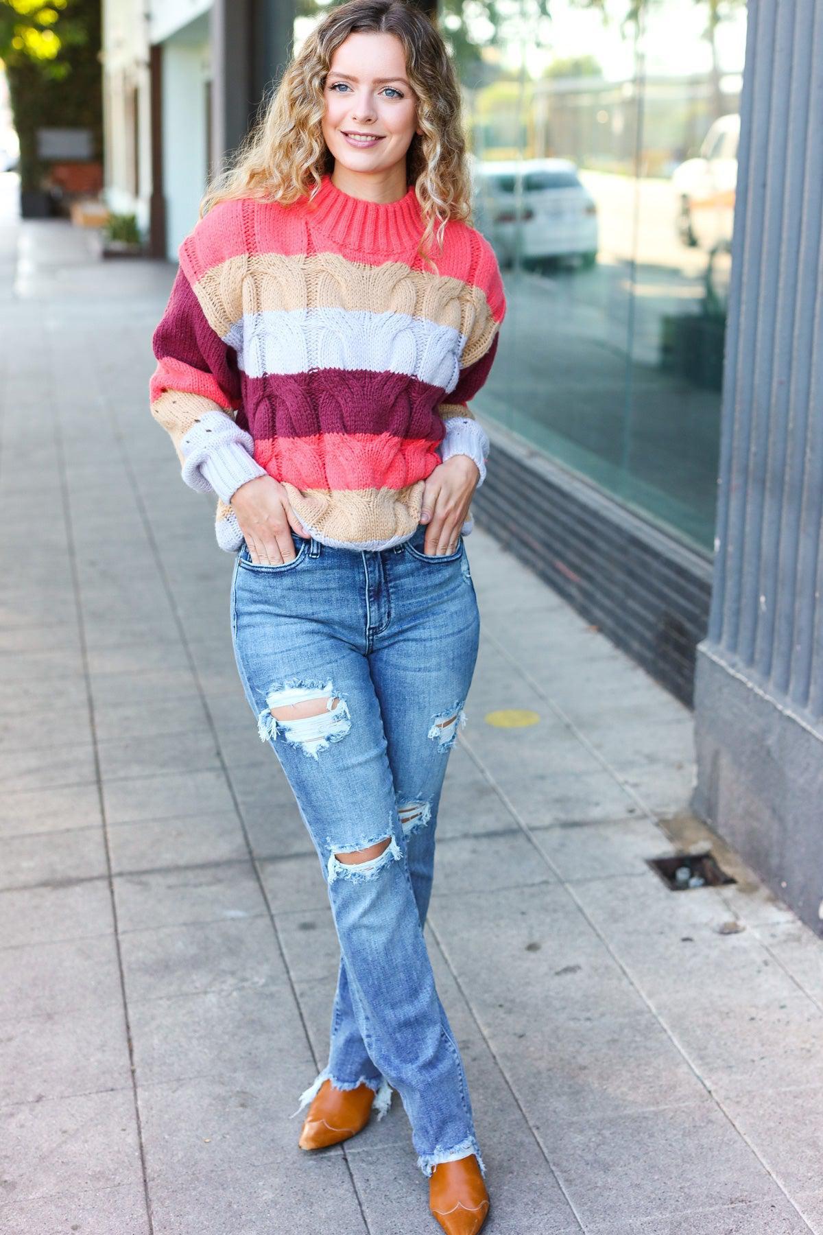 Fall For You Rust Multicolor Stripe Cable Knit Mock Neck Sweater-Evelyns Fashion