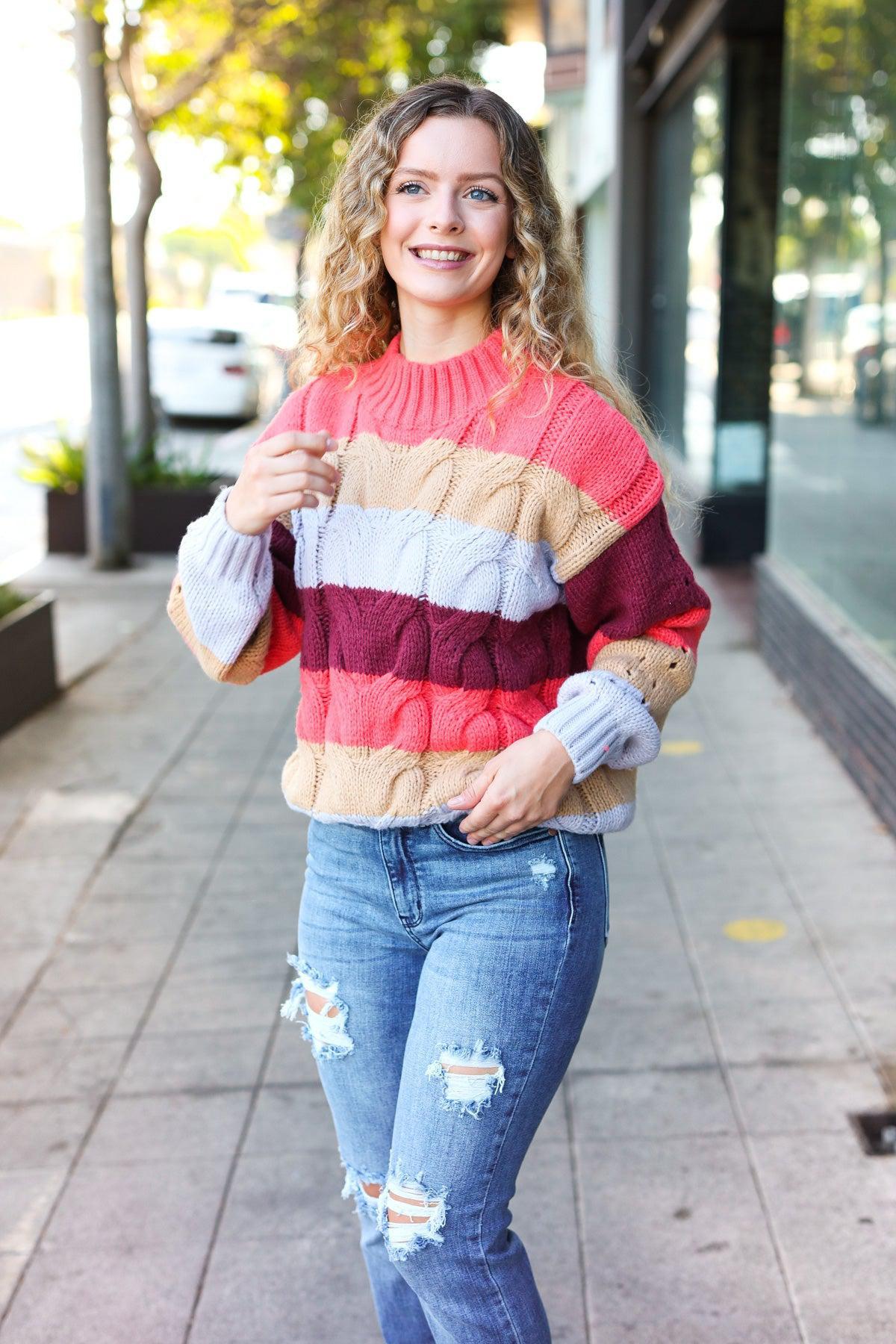 Fall For You Rust Multicolor Stripe Cable Knit Mock Neck Sweater-Evelyns Fashion