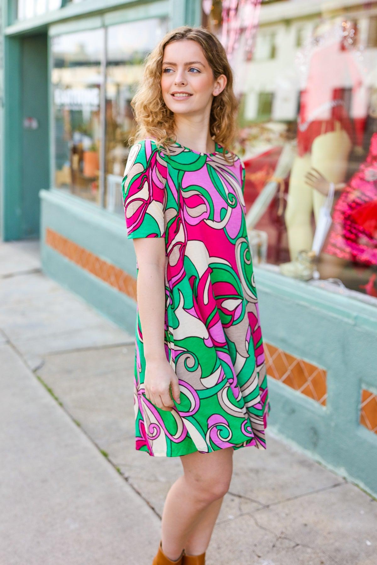 Feeling Bold Fuchsia & Green Abstract Floral Print Dress-Evelyns Fashion