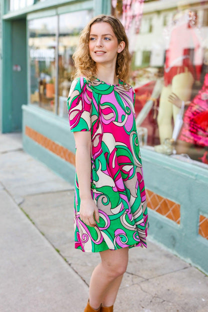 Feeling Bold Fuchsia & Green Abstract Floral Print Dress-Evelyns Fashion