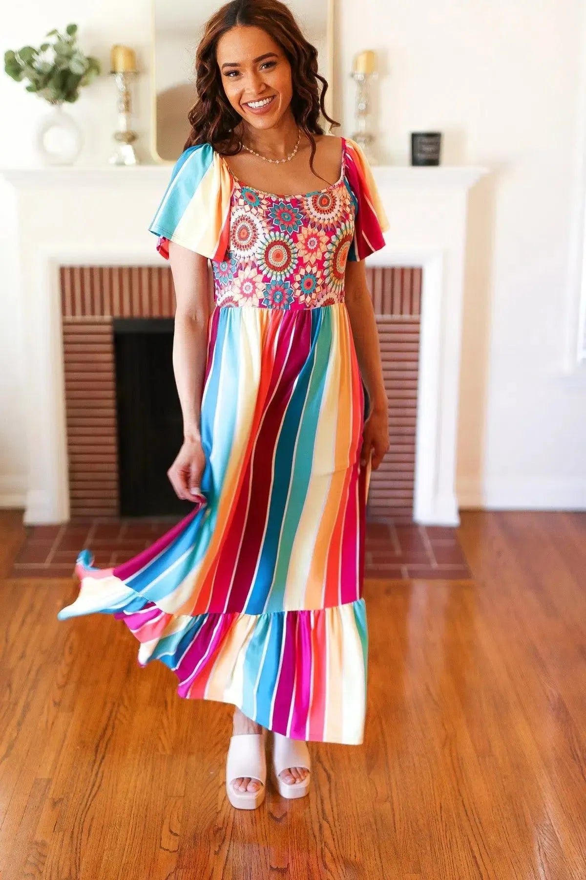 Feeling Bold Fuchsia & Teal Striped Medallion Crochet Print Dress-Evelyns Fashion
