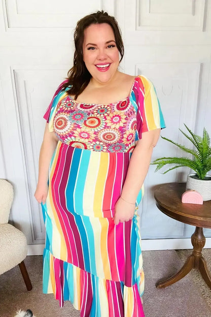 Feeling Bold Fuchsia & Teal Striped Medallion Crochet Print Dress-Evelyns Fashion