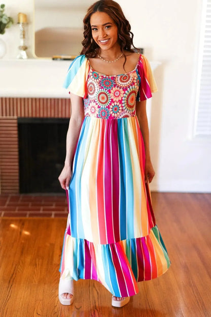 Feeling Bold Fuchsia & Teal Striped Medallion Crochet Print Dress-Evelyns Fashion