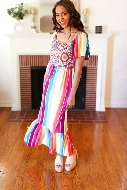Feeling Bold Fuchsia & Teal Striped Medallion Crochet Print Dress-Evelyns Fashion