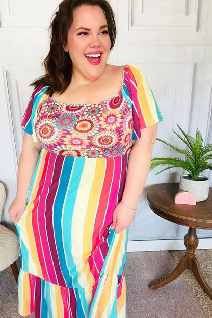 Feeling Bold Fuchsia & Teal Striped Medallion Crochet Print Dress-Evelyns Fashion