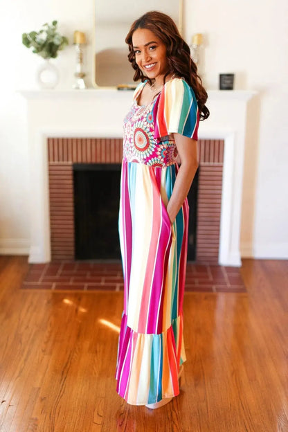 Feeling Bold Fuchsia & Teal Striped Medallion Crochet Print Dress-Evelyns Fashion